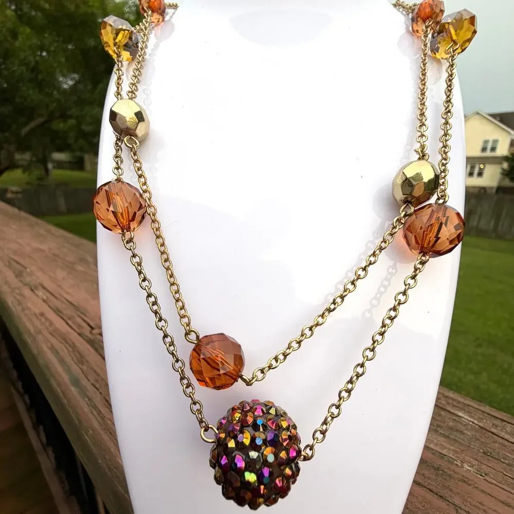Vintage Double Strand Gold Tone Necklace Amber Glass Beads Rhinestone Balls 34